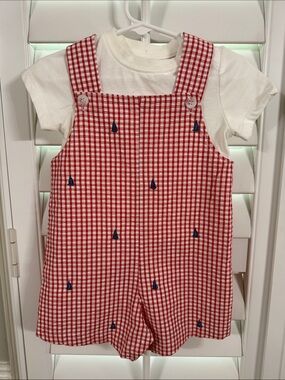 Red Gingham Kids Overalls Romper with White Tee